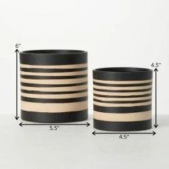 SULLIVANS Black and Brown Striped Ceramic Planter (Set of 2) -VIGORO Store black and brown striped sullivans plant pots pr2715 1f 1000