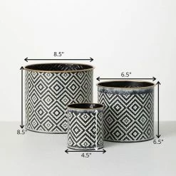 SULLIVANS Black and White Gemoetric Pattern Metal Planter (Set of 3) 13 SULLIVANS Black and White Gemoetric Pattern Metal Planter (Set of 3) -VIGORO Store black and white patterned sullivans plant pots met1828 fa 1000