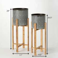 SULLIVANS Black and White Gemoetric Pattern Metal Planter on Stand (Set of 2) 11 SULLIVANS Black and White Gemoetric Pattern Metal Planter on Stand (Set of 2) -VIGORO Store black and white patterned sullivans plant pots met1830 44 1000