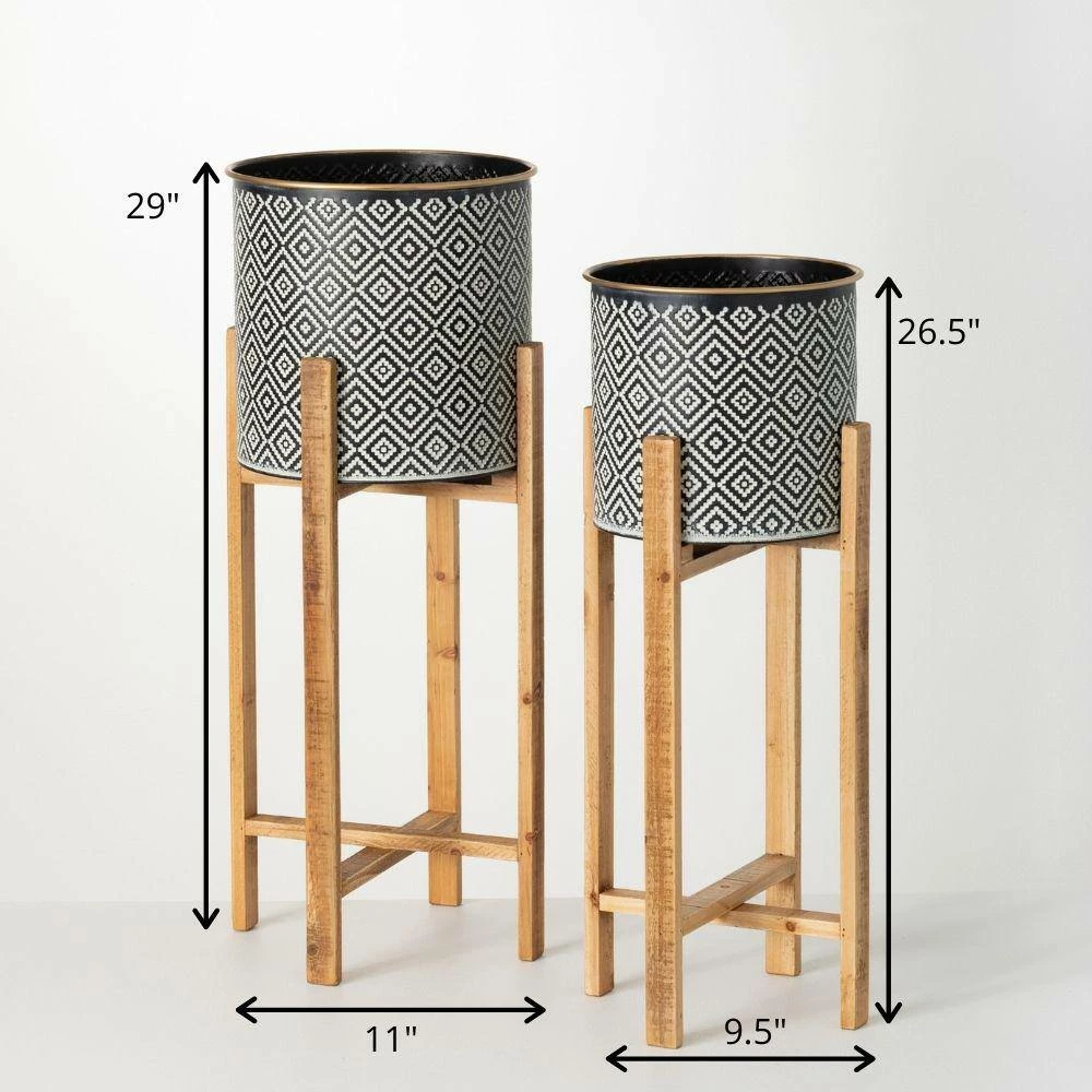 SULLIVANS Black and White Gemoetric Pattern Metal Planter on Stand (Set of 2) 7 SULLIVANS Black and White Gemoetric Pattern Metal Planter on Stand (Set of 2) - Image 5