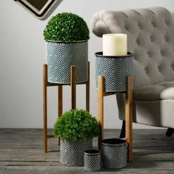 SULLIVANS Black and White Gemoetric Pattern Metal Planter on Stand (Set of 2) 9 SULLIVANS Black and White Gemoetric Pattern Metal Planter on Stand (Set of 2) -VIGORO Store black and white patterned sullivans plant pots met1830 4f 1000