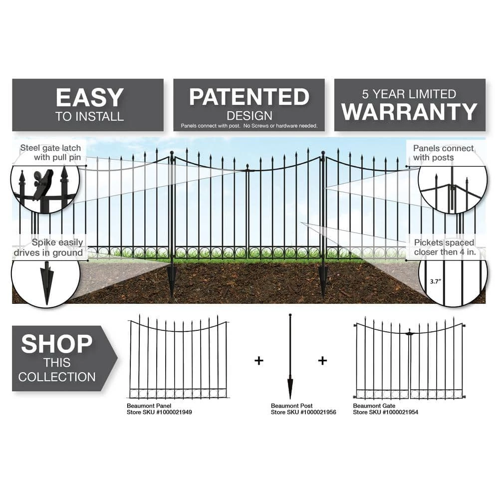 Vigoro Beaumont 40.4 in. H x 49.6 in. W Black Steel 3-Rail Fence Panel 11 Vigoro Beaumont 40.4 in. H x 49.6 in. W Black Steel 3-Rail Fence Panel - Image 9
