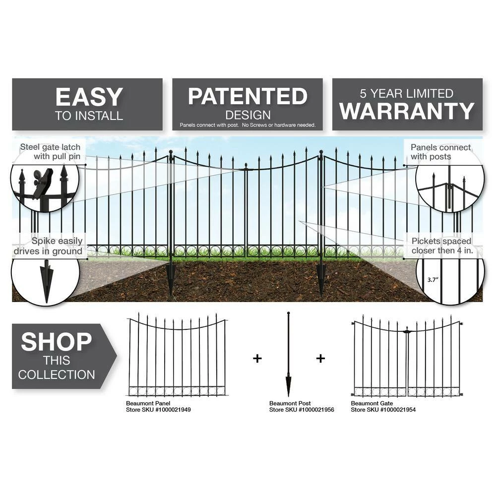 Vigoro Beaumont 40.4 in. H x 49.6 in. W Black Steel 3-Rail Fence Panel (4-Pack) 10 Vigoro Beaumont 40.4 in. H x 49.6 in. W Black Steel 3-Rail Fence Panel (4-Pack) - Image 8