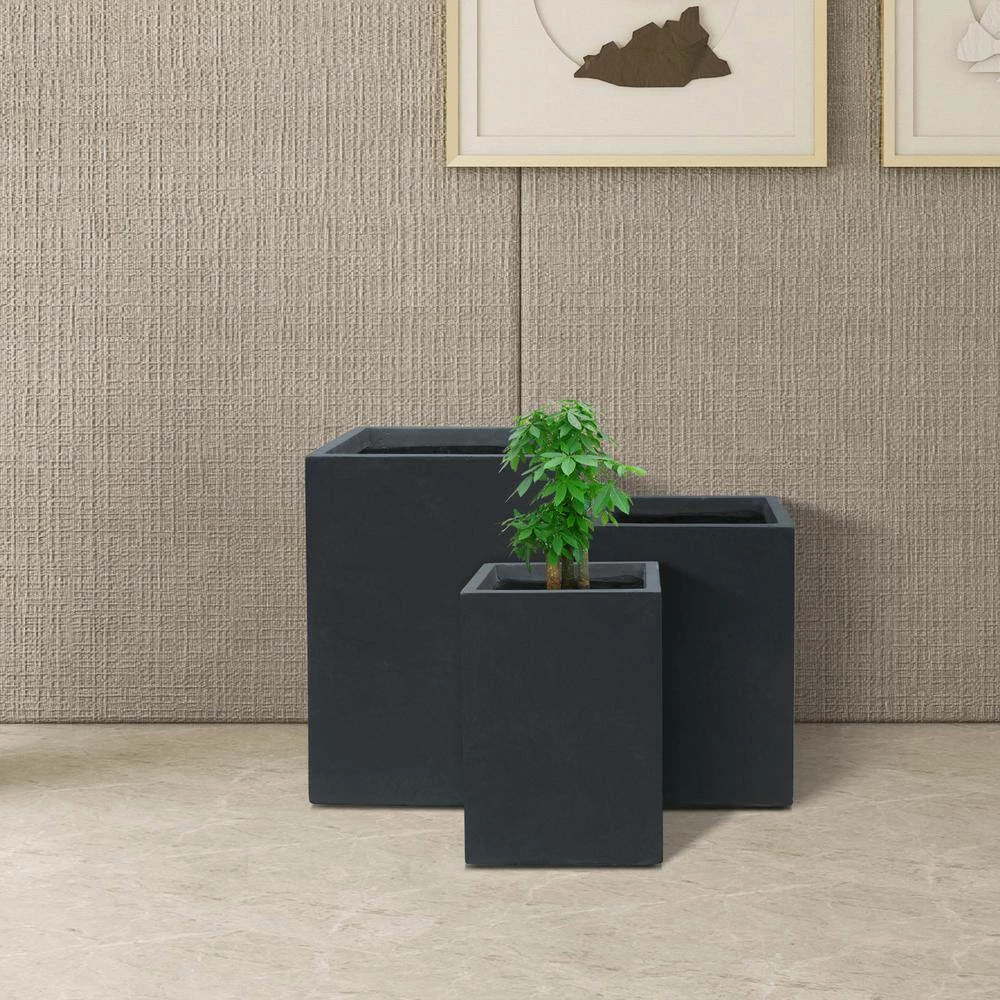KANTE 19", 16" and 13"H Charcoal Finish Concrete Tall Square Set of 3, Outdoor Indoor Lightweight Planters w/ Drainage Hole 7 KANTE 19", 16" and 13"H Charcoal Finish Concrete Tall Square Set of 3, Outdoor Indoor Lightweight Planters w/ Drainage Hole - Image 5