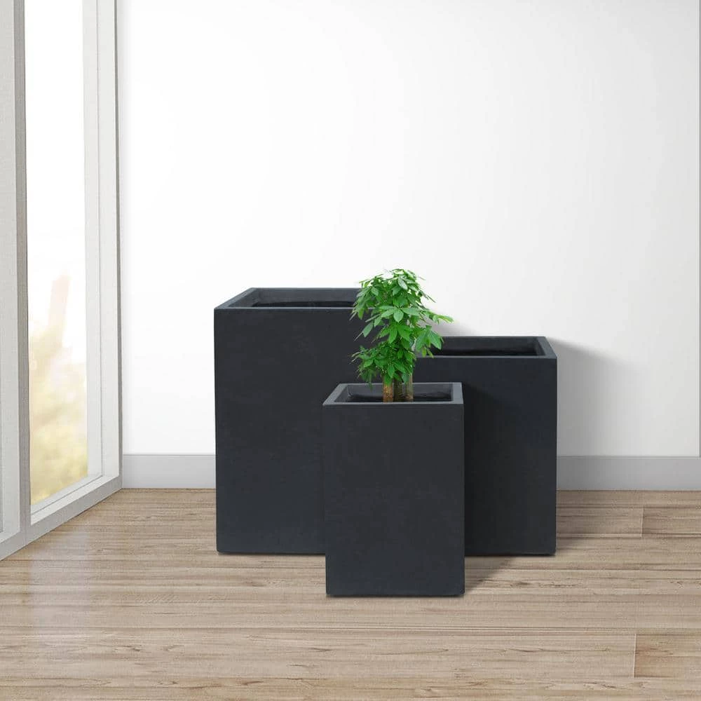 KANTE 19", 16" and 13"H Charcoal Finish Concrete Tall Square Set of 3, Outdoor Indoor Lightweight Planters w/ Drainage Hole 8 KANTE 19", 16" and 13"H Charcoal Finish Concrete Tall Square Set of 3, Outdoor Indoor Lightweight Planters w/ Drainage Hole - Image 6