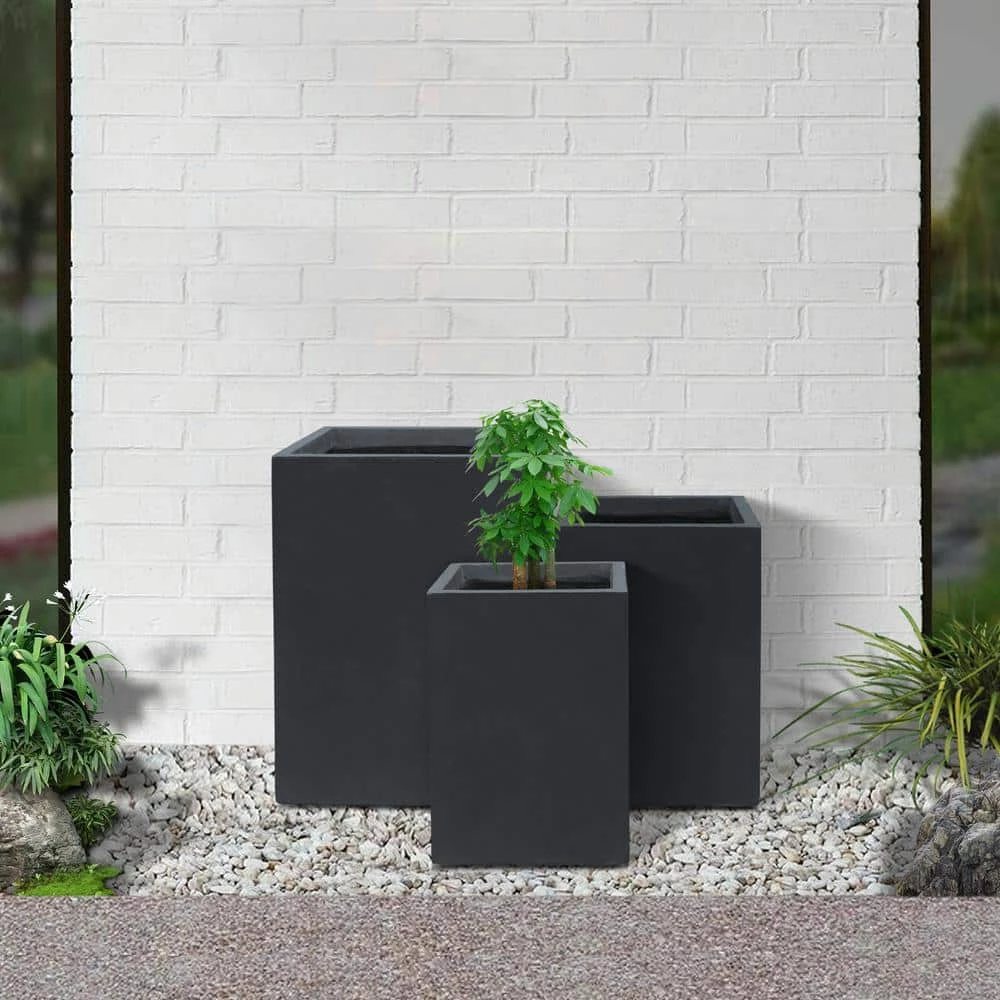 KANTE 19", 16" and 13"H Charcoal Finish Concrete Tall Square Set of 3, Outdoor Indoor Lightweight Planters w/ Drainage Hole 6 KANTE 19", 16" and 13"H Charcoal Finish Concrete Tall Square Set of 3, Outdoor Indoor Lightweight Planters w/ Drainage Hole - Image 4