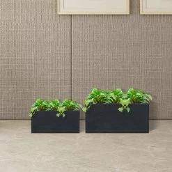 KANTE 31.4" & 23.6"L Rectangular Charcoal Finish Lightweight Concrete Long Planters w/Drainage Hole Set of 2, Outdoor/Indoor -VIGORO Store charcoal kante plant pots rf0264ac c60121 fa 1000