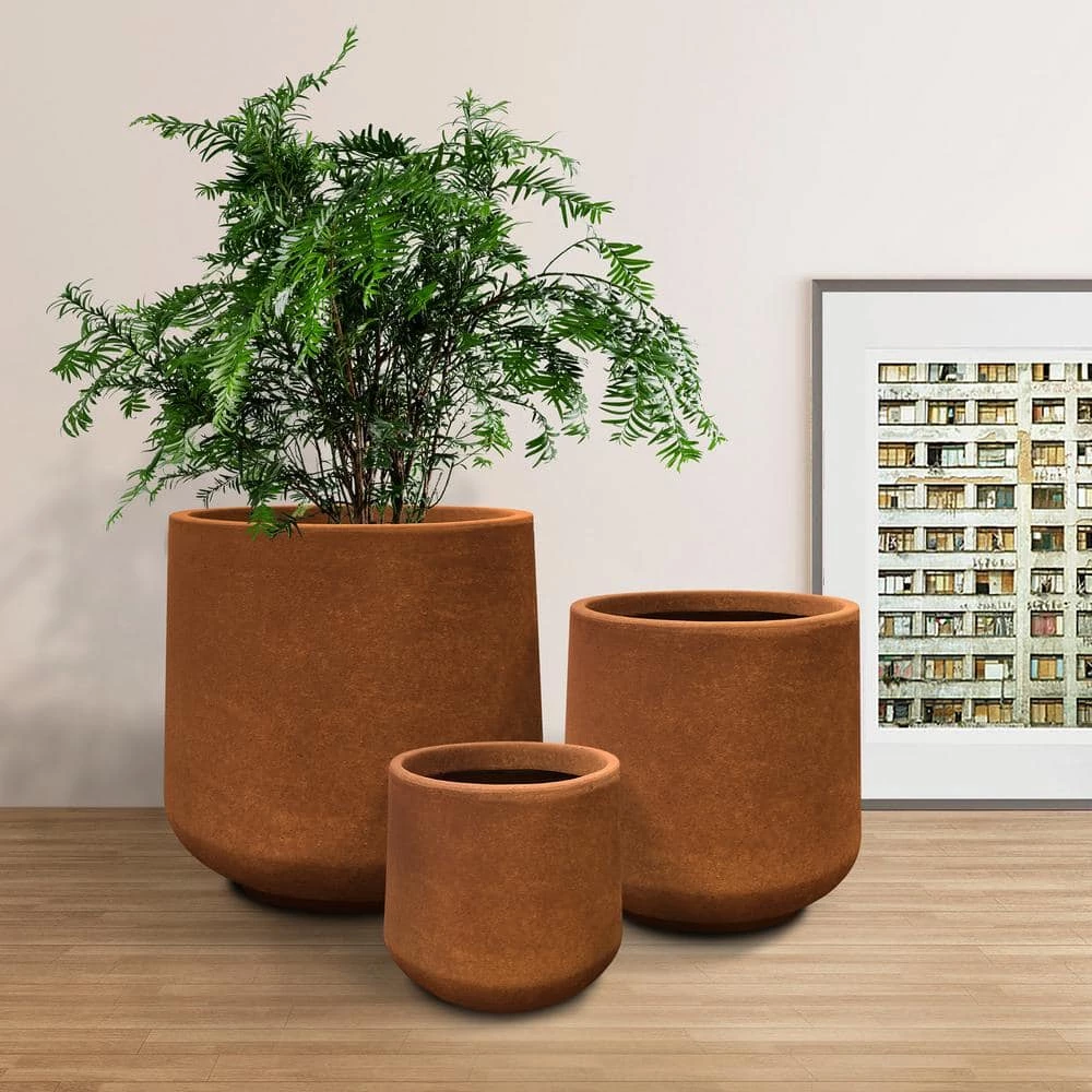 KANTE 17.3 in., 13.4 in., & 10.6 in. H Round Iron Oxide Concrete Planter (Set of 3) Outdoor Indoor Large Pots w/Drainage Holes 3 KANTE 17.3 in., 13.4 in., & 10.6 in. H Round Iron Oxide Concrete Planter (Set of 3) Outdoor Indoor Large Pots w/Drainage Holes