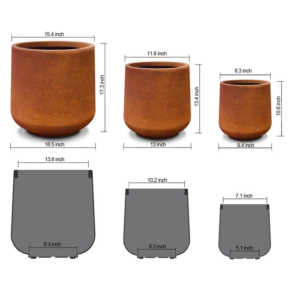 KANTE 17.3 in., 13.4 in., & 10.6 in. H Round Iron Oxide Concrete Planter (Set of 3) Outdoor Indoor Large Pots w/Drainage Holes 4 KANTE 17.3 in., 13.4 in., & 10.6 in. H Round Iron Oxide Concrete Planter (Set of 3) Outdoor Indoor Large Pots w/Drainage Holes - Image 2