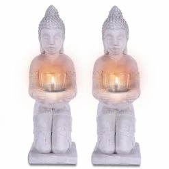 KANTE 12.8 in. H Gray Cement Buddha Garden Statue Tealight Candle Holder Ornament (2-Pack)