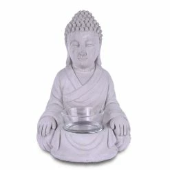 KANTE 6.5 in. H Gray Cement Sitting Buddha Garden Statue Tealight Candle Holder Ornament (2-Pack)