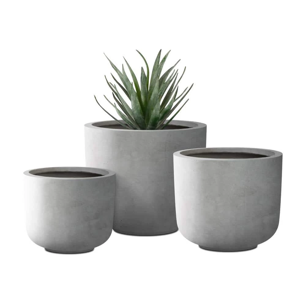 KANTE Round Natural Finish Lightweight Concrete & Fiberglass Weather Resistant Planters with Drainage Holes (Set of 3) 3 KANTE Round Natural Finish Lightweight Concrete & Fiberglass Weather Resistant Planters with Drainage Holes (Set of 3)