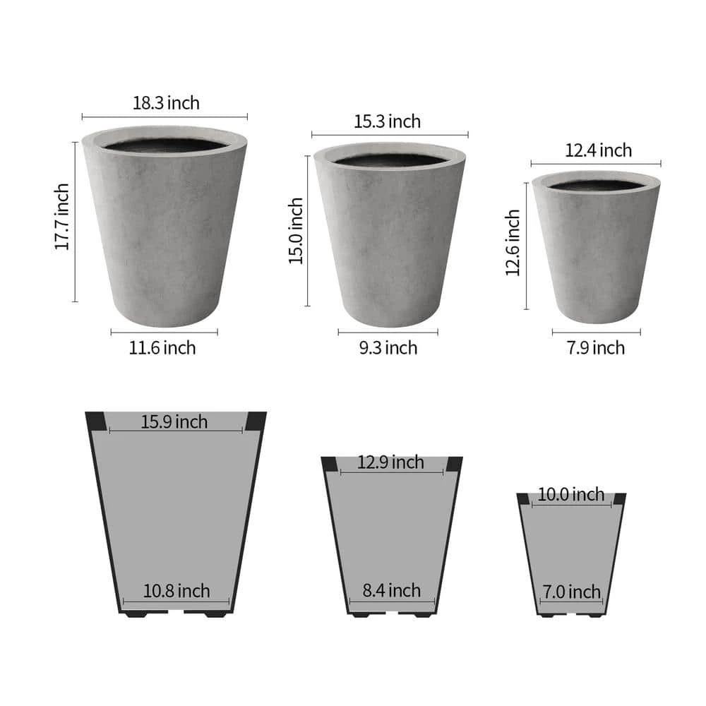 KANTE Large, Medium, Small Round Natural Finish Lightweight Concrete and Weather Resistant Fiberglass Planters (Set of 3) 6 KANTE Large, Medium, Small Round Natural Finish Lightweight Concrete and Weather Resistant Fiberglass Planters (Set of 3) - Image 4