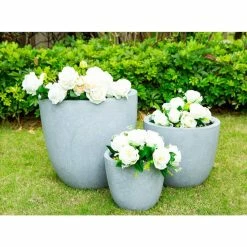 KANTE 18", 14" and 10"W Round Slate Gray Lightweight Concrete/Fiberglass Indoor Outdoor Elegant Seamless Planters (Set of 3)