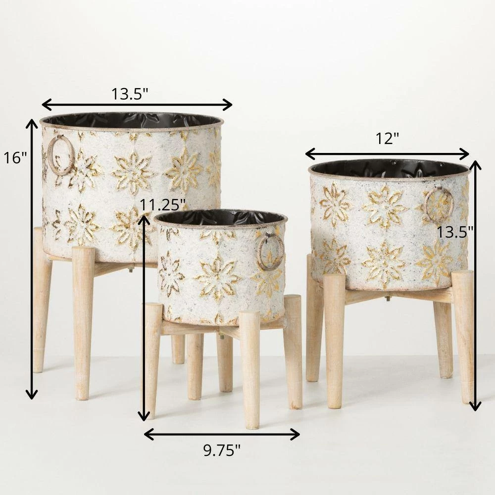 SULLIVANS White and Gold Flower Burst Metal Planter on Stand (Set of 3) 6 SULLIVANS White and Gold Flower Burst Metal Planter on Stand (Set of 3) - Image 4