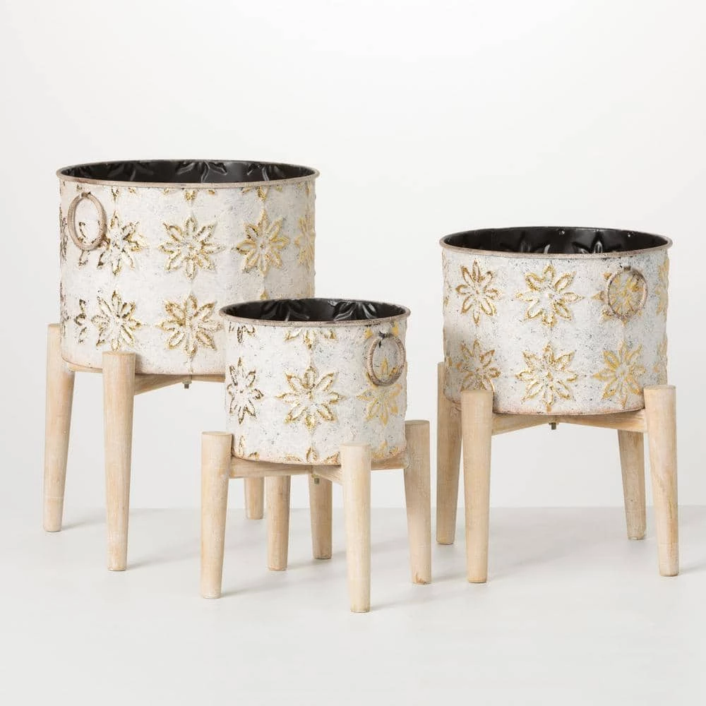 SULLIVANS White and Gold Flower Burst Metal Planter on Stand (Set of 3) 3 SULLIVANS White and Gold Flower Burst Metal Planter on Stand (Set of 3)