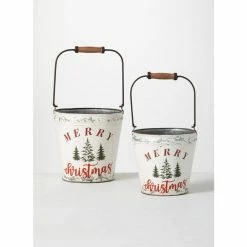 SULLIVANS White Merry Christmas Metal Bucket (Set of 2)