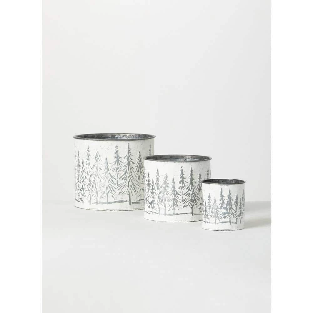 SULLIVANS White Weathered Metal Tree Planters - Set of 3 3 SULLIVANS White Weathered Metal Tree Planters - Set of 3