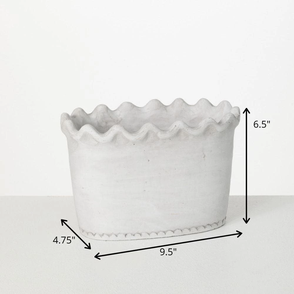 SULLIVANS White Scalloped Edge Cement Garden Pot 6 SULLIVANS White Scalloped Edge Cement Garden Pot - Image 4