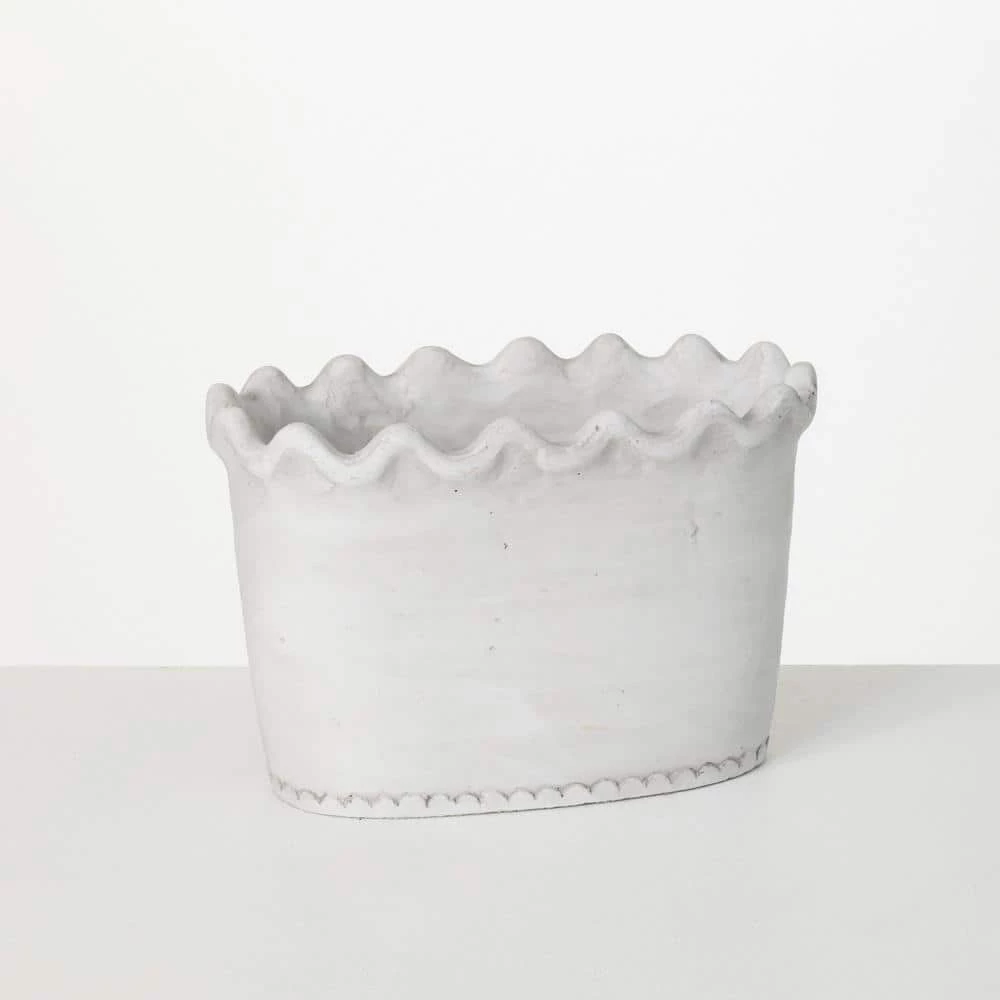 SULLIVANS White Scalloped Edge Cement Garden Pot 3 SULLIVANS White Scalloped Edge Cement Garden Pot